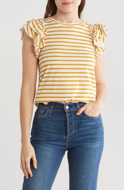 Shop Industry Republic Clothing Double Flutter Sleeve Cotton Top In Mustard/ivory Stripe