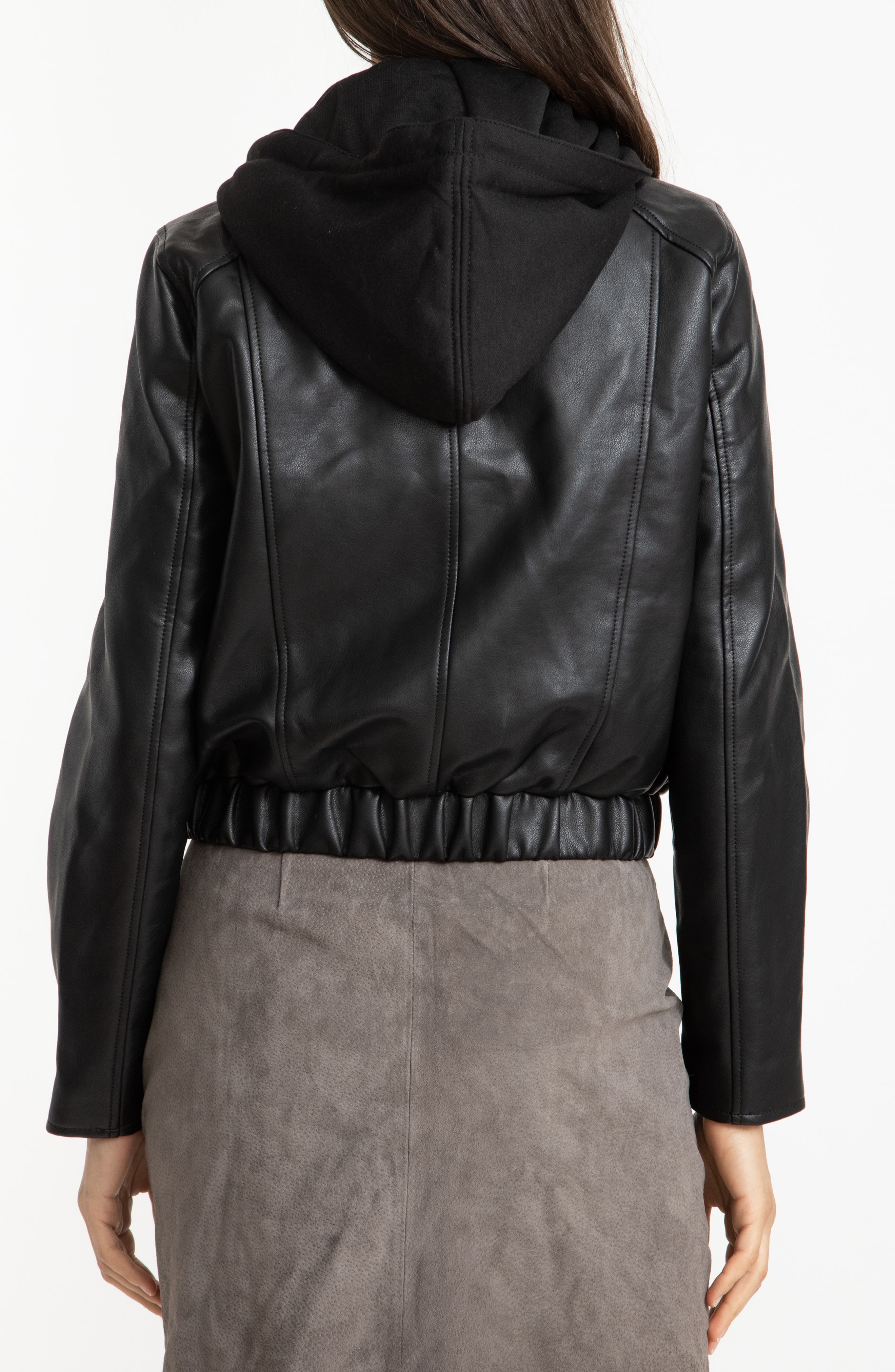 faux leather trim long hooded jacket blanknyc