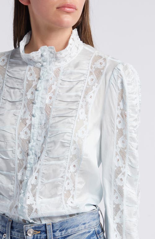 Shop Loveshackfancy Jacque Lace Paneled Button-up Shirt In Ice Blue