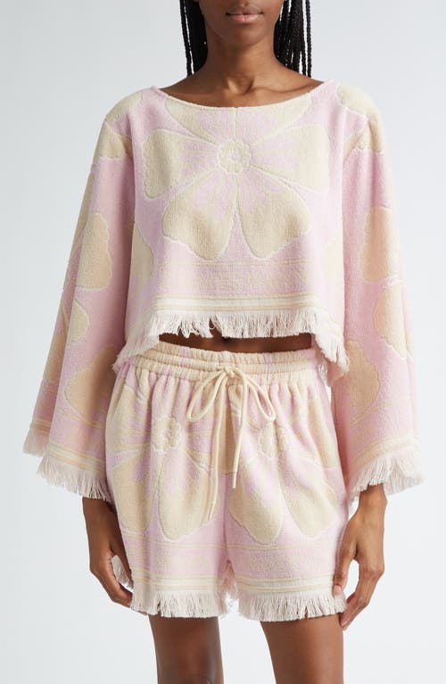 Zimmermann Pop Floral Bell Sleeve Crop Cotton Terry Cloth Top In Pink/cream