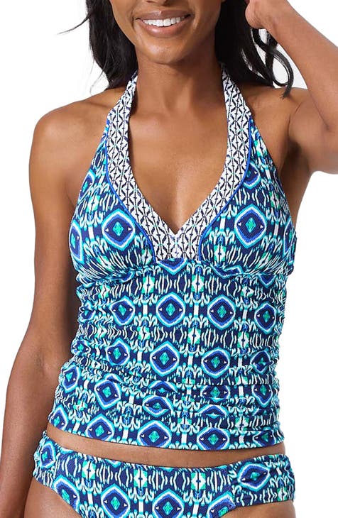 Tommy Bahama Woodblock Blossoms Underwire Over the Shoulder Tankini Swim  Top, Mare Navy, Size L, from Soma