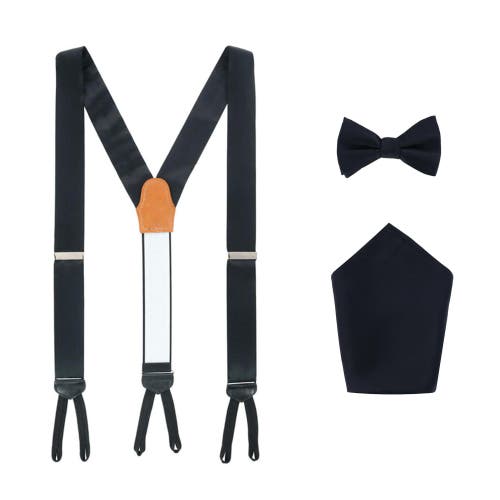 Trafalgar Sutton Solid Color Silk Brace Bow Tie & Pocket Square Combo In Black
