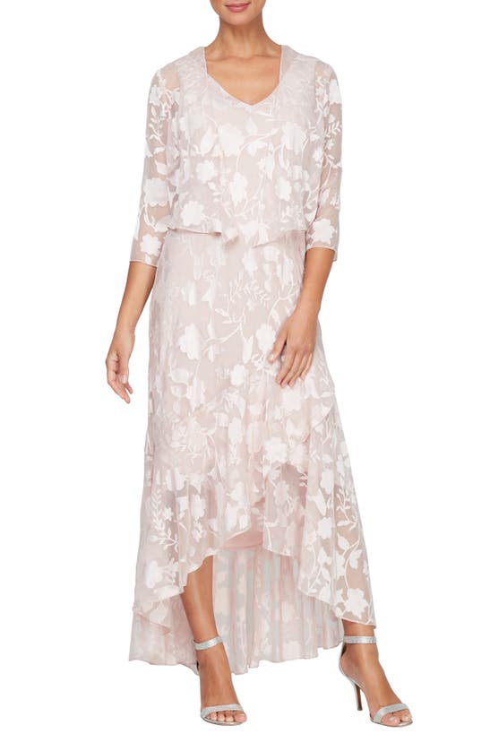 Alex Evenings Metallic Floral High-low Chiffon Jacquard Midi Dress With Jacket In Shell Pink