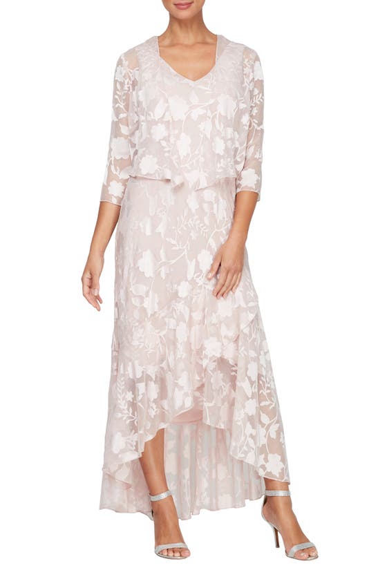 ALEX EVENINGS ALEX EVENINGS METALLIC FLORAL HIGH-LOW CHIFFON JACQUARD MIDI DRESS WITH JACKET