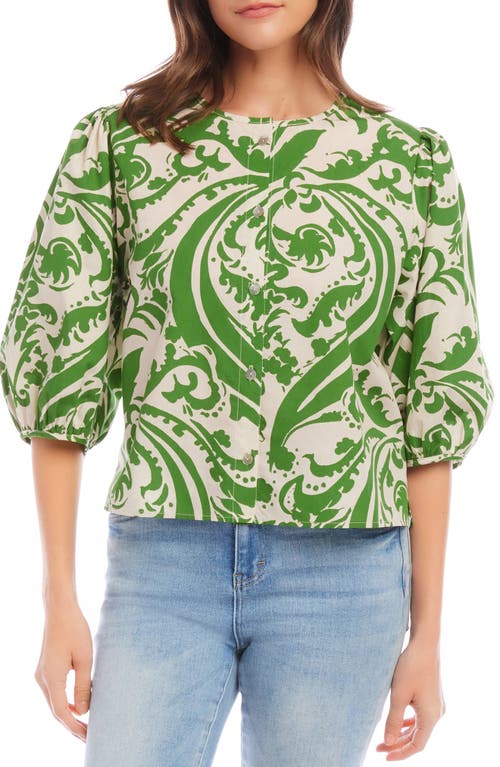 Karen Kane Print Puff Sleeve Cotton Button-Up Top at Nordstrom