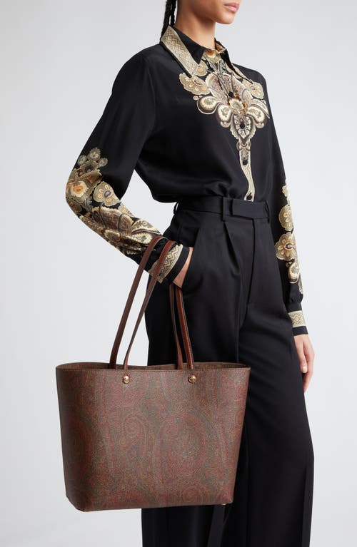 Etro Brown Shopper With All-over Jacquard Paisley Pattern In Canvas Woman In Brown/red