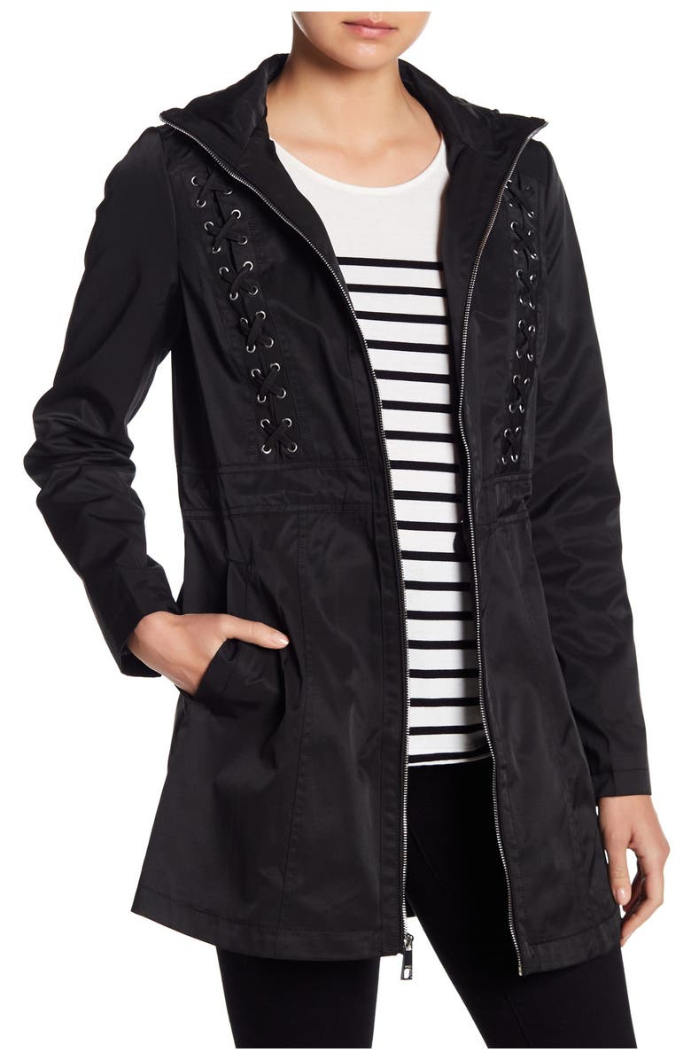 GUESS Hooded Lace-Up Coat, Main, color, BLACK