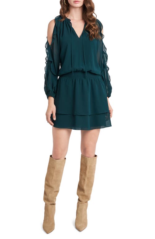 Cold Shoulder Long Sleeve Chiffon Dress in Green Forest