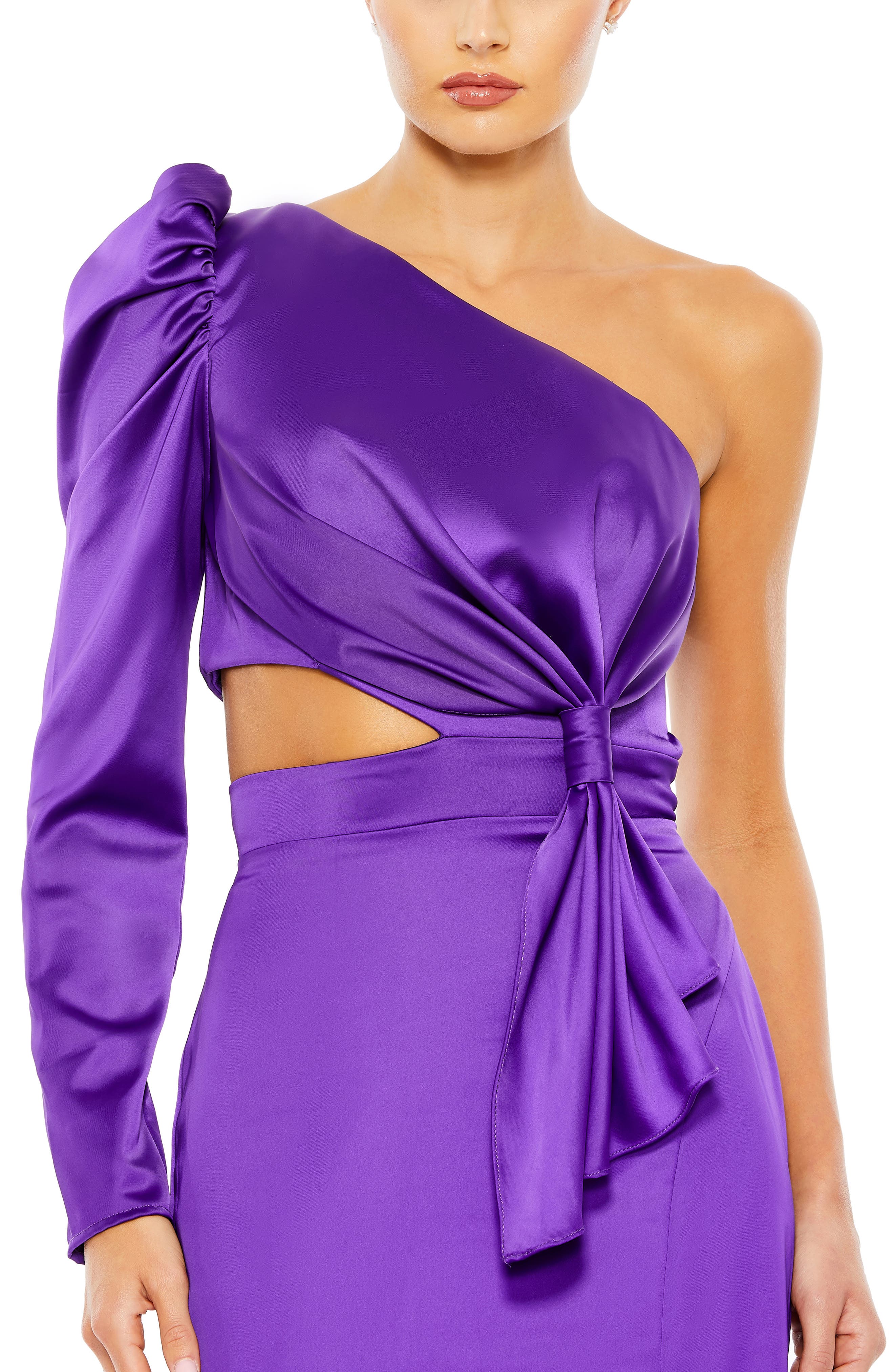 Mac Duggal Satin Asymmetrical One Shoulder Long Puff Sleeve Cut Out Thigh High Slit Gown, Womens, 14, Purple