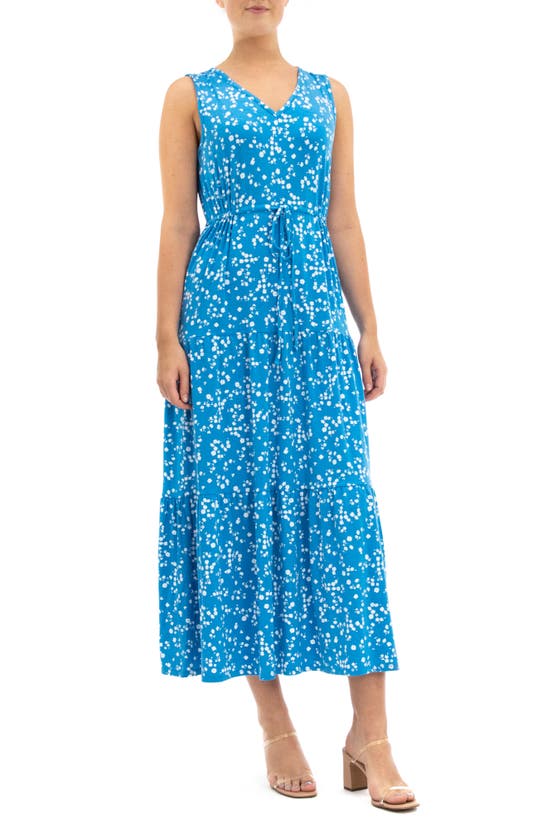 Nina Leonard Patterned Tiered Maxi Dress In Blue Jewel