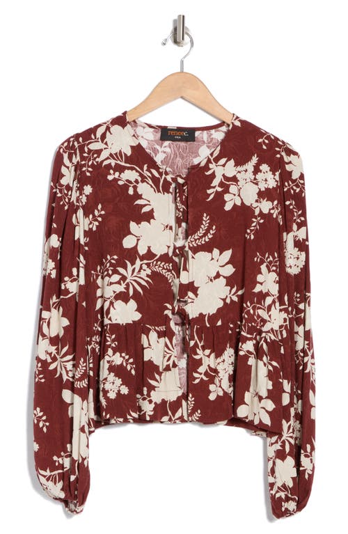 Shop Renee C Floral Long Sleeve Tie Front Crop Top In Burgundy