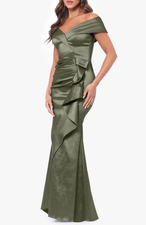 Xscape Evenings Off The Shoulder Taffeta Gown In Olive