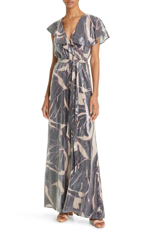 Ted Baker London Edennie Print Ruffle Sequin Jumpsuit in Silver Multi