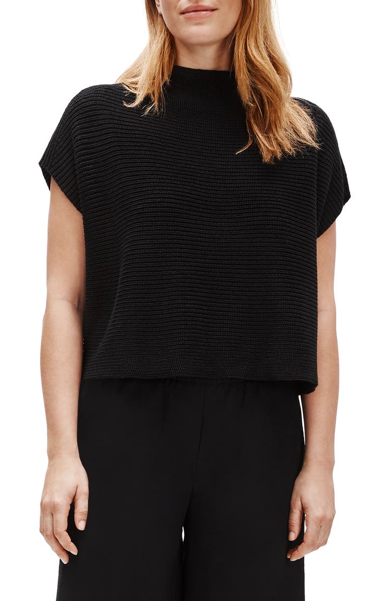 EILEEN FISHER Funnel Neck Boxy Crop Sweater, Main, color, BLACK