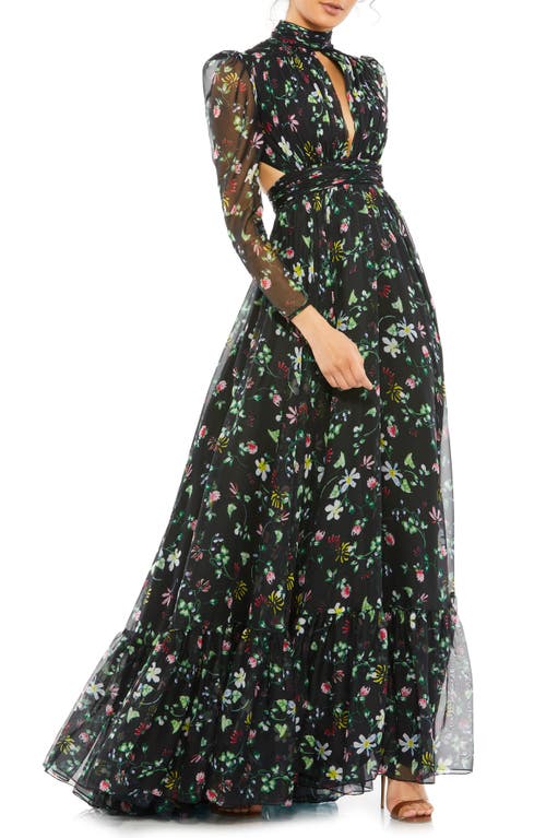 Mac Duggal Floral Chiffon Cutout Long Sleeve Gown Black at Nordstrom,