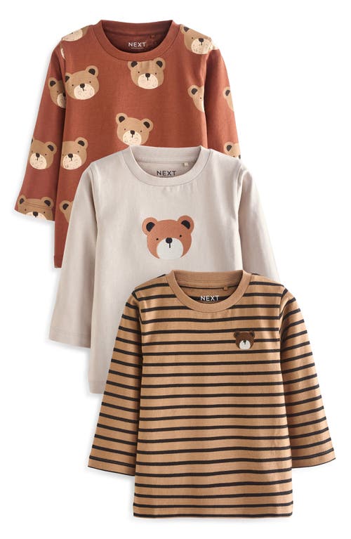 Shop Next Kids' 3-pack Bears Long Sleeve Cotton T-shirts In Brown