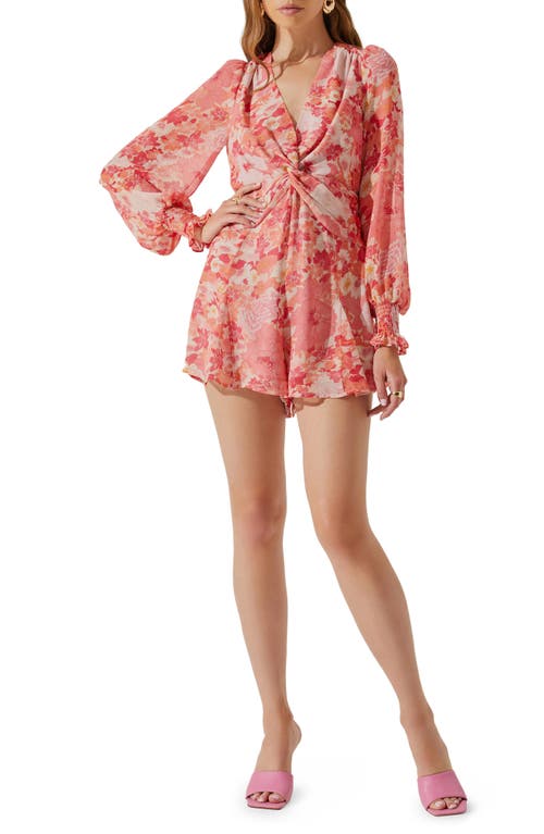 ASTR the Label Floral Open Back Long Sleeve Chiffon Romper in Coral Red Floral at Nordstrom, Size Medium
