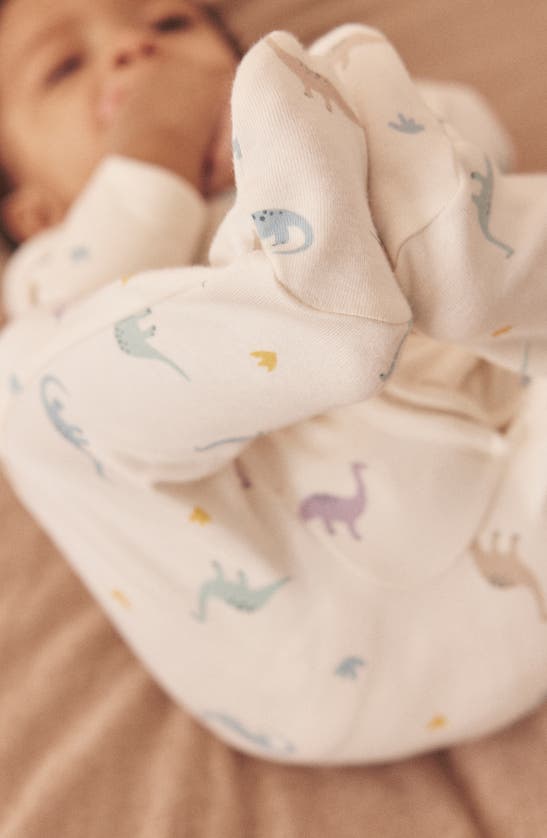 Mori Clever Zip Dino Print Fitted One-piece Footie Pajamas In Dino Print