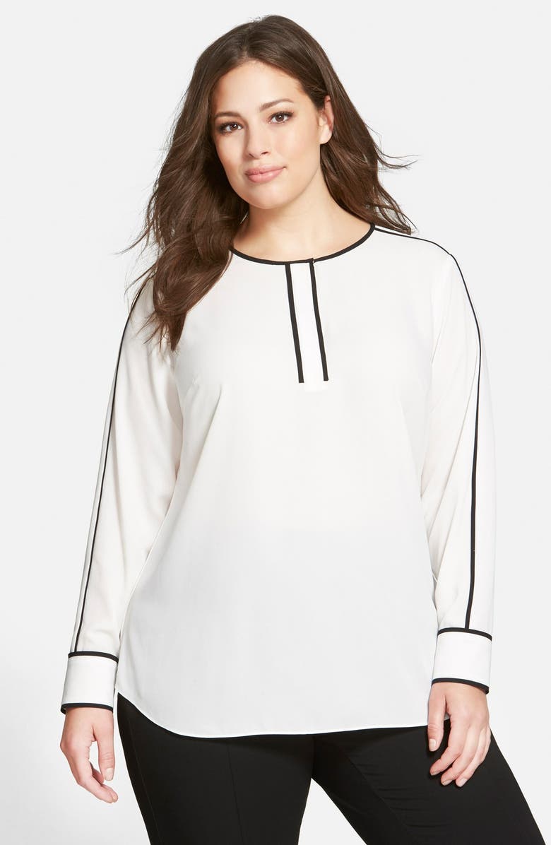 Vince Camuto Contrast Piped Long Sleeve Blouse (Plus Size) | Nordstrom
