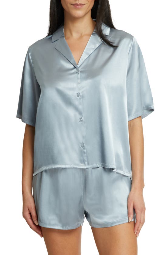 Shop Nicole Miller Satin Boxy Shorts Pajamas In Tranquil Blue