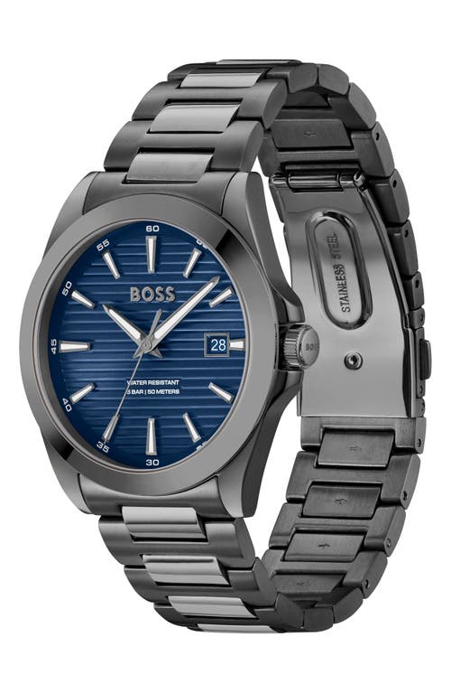 Hugo Boss Men's Strike Quartz Basic Calendar Ionic Plated Grey Steel Watch 41mm In Blue