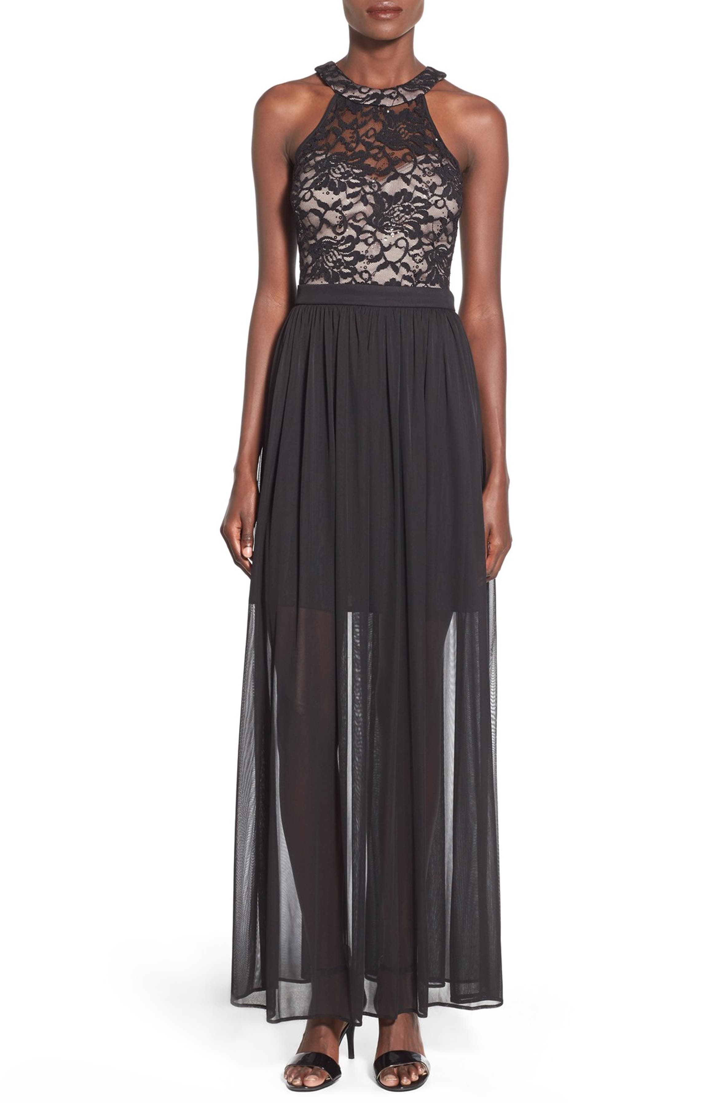 Morgan & Co. Lace Halter Chiffon Maxi Dress | Nordstrom