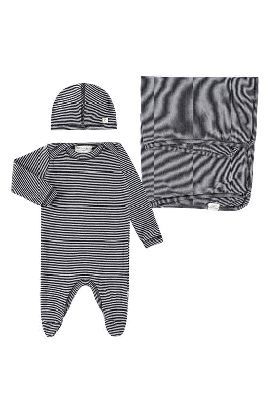 Paigelauren Welcome Home Stripe Ribbed Footie, Hat & Blanket Set In Black