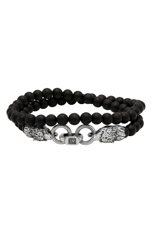 Men's Wolf Beaded Onyx Wrap Bracelet in Silver