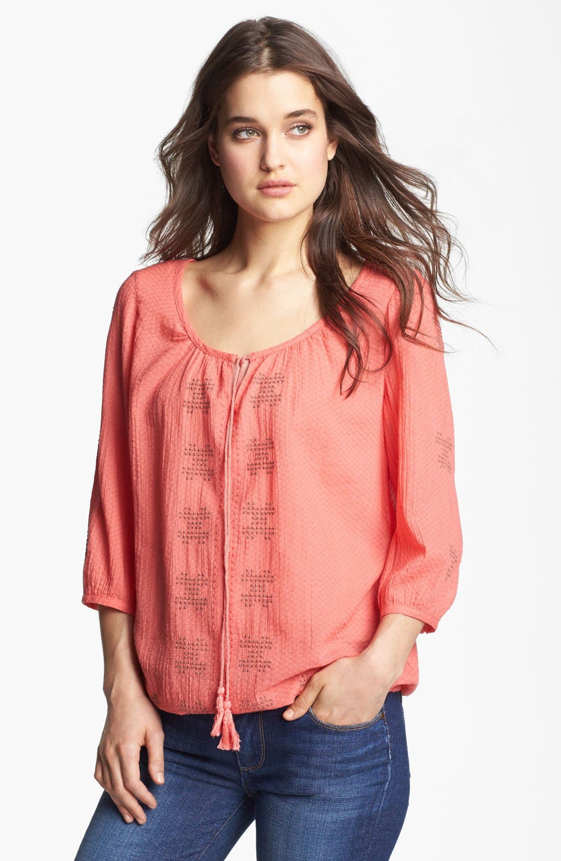 Hinge® Embroidered Cotton Peasant Blouse Nordstrom