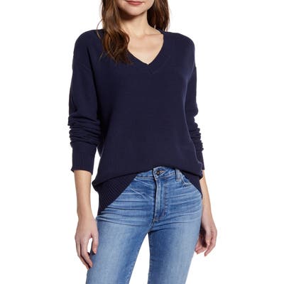 Caslon V-Neck Cotton Pique Sweater, Blue
