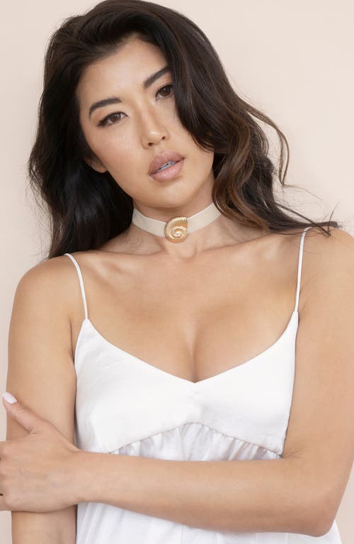 Ettika 18k Gold Plated Swirled Shell Pendant Beige Velvet Choker In Beige