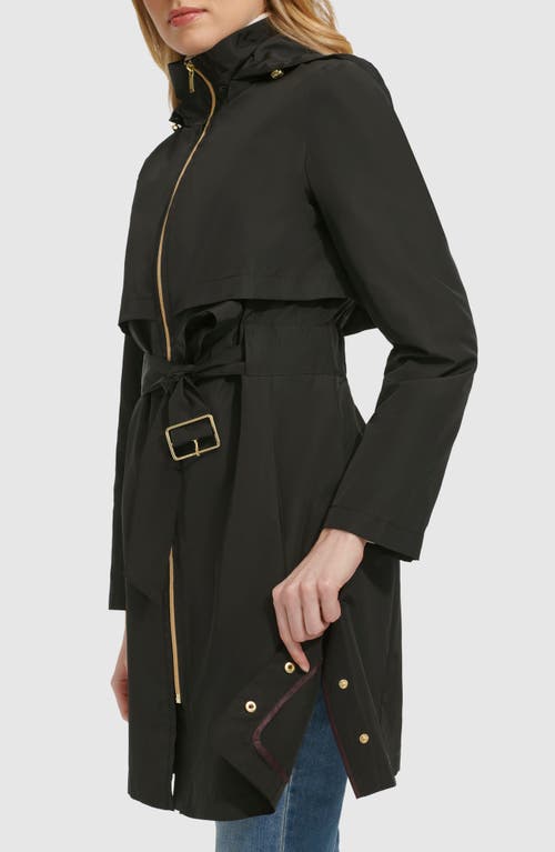 Cole Haan Belted Travel Packable Hooded Rain Jacket In Black