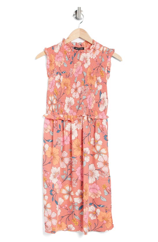 Bailey Blue Floral Print Smocked Midi Dress In Terracotta