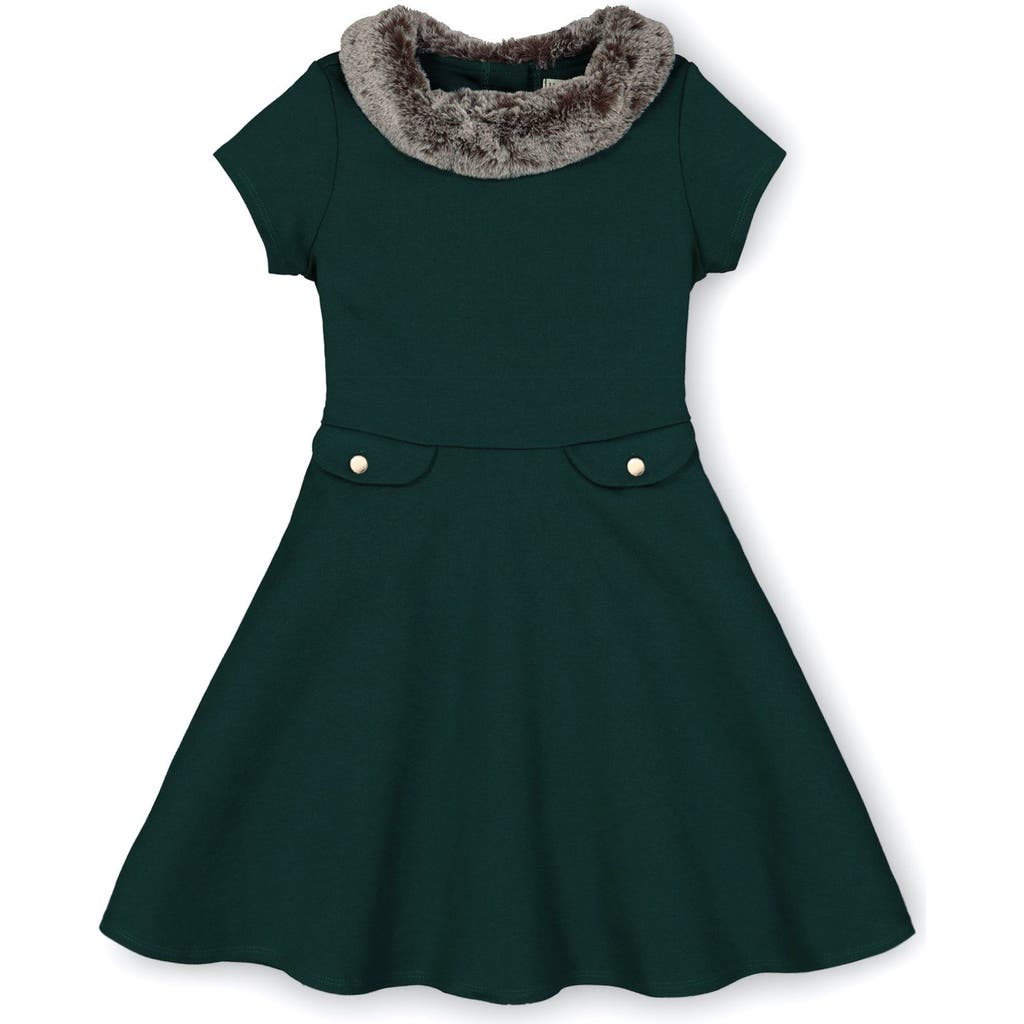 Hope & Henry Girls' Fit And Flare Ponte Dress With Faux Fur, Toddler In Deep Green
