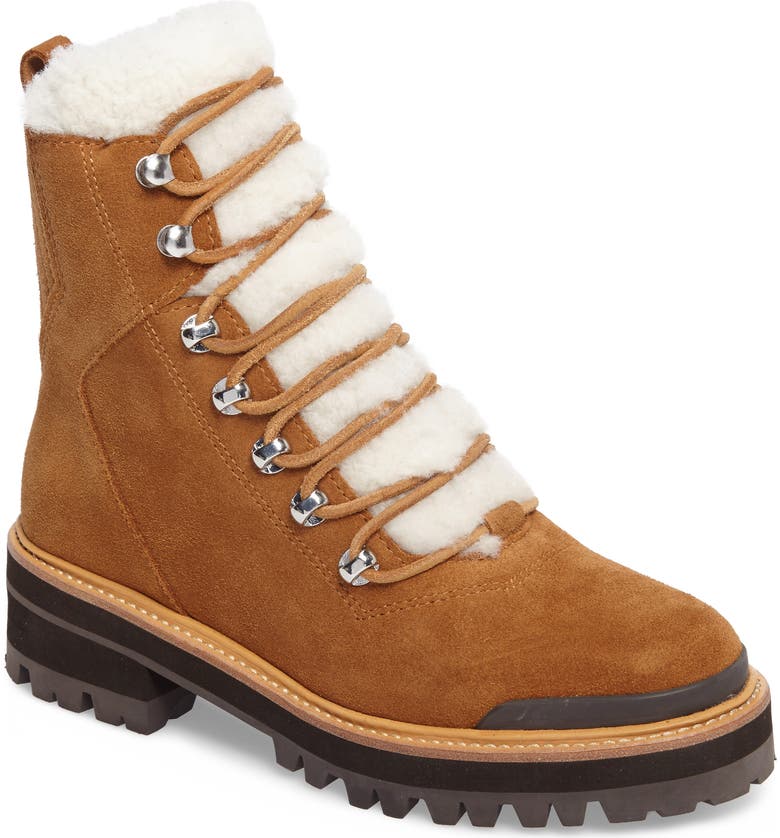 MARC FISHER LTD Izzie Genuine Shearling Lace-Up Boot, Main, color, COGNAC SUEDE