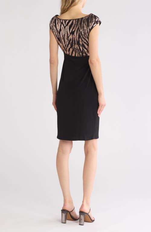 Connected Apparel Sequin Faux Wrap Dress In Black/gold