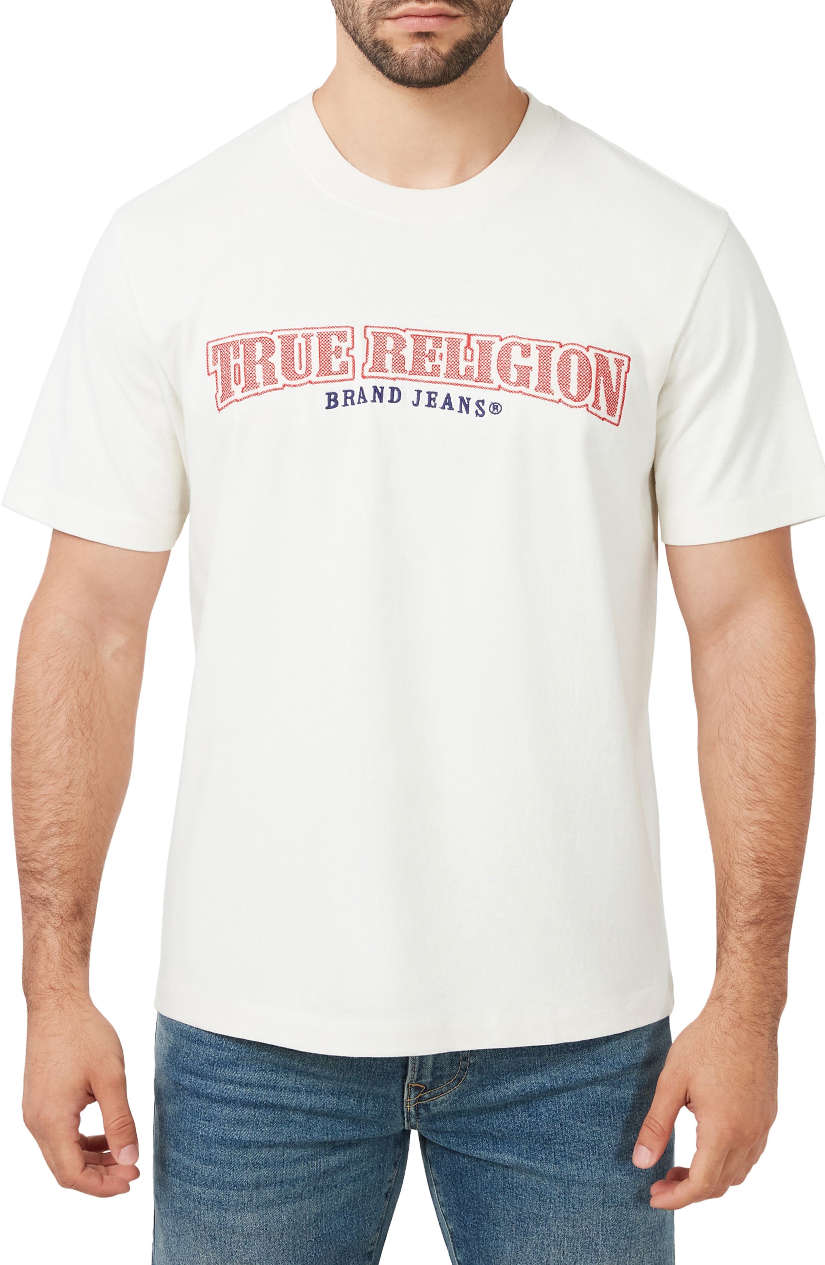 True Religion Brand Jeans Cross Stitch Logo Patch T-Shirt in Winter White 