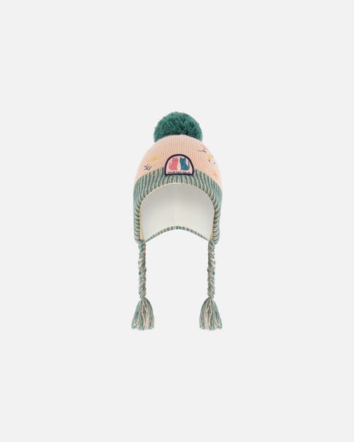 Deux Par Deux Baby Girl's Peruvian Knit Hat Light Pink, Sage Green And Flowers In Embroidered Flowers