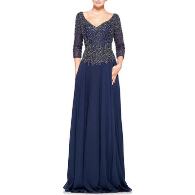 Marsoni Embellished Chiffon A-Line Gown, Blue