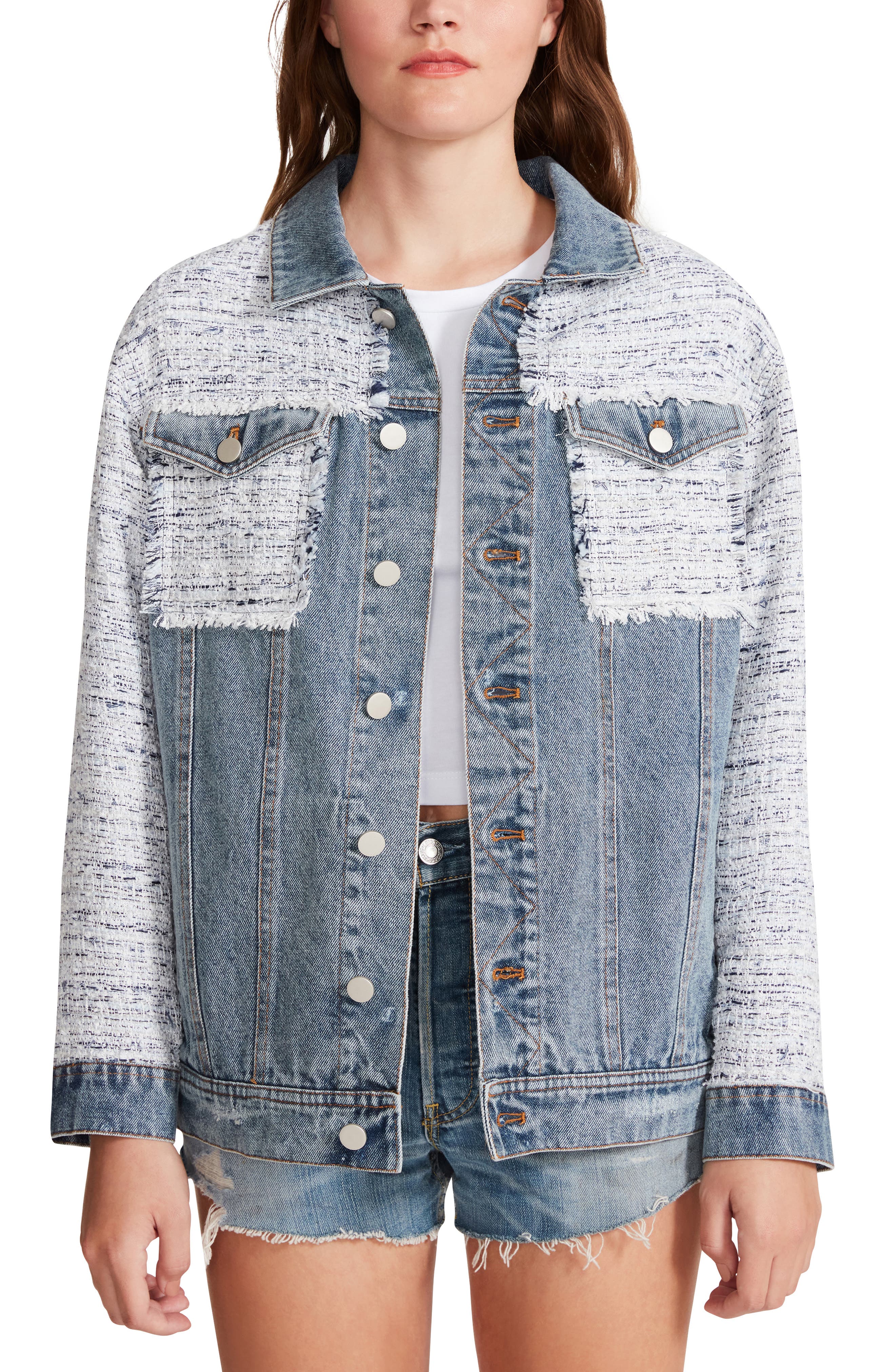 FREE PEOPLE NEW Women's Insulated Printed Patched Denim Jacket Top L TEDO 