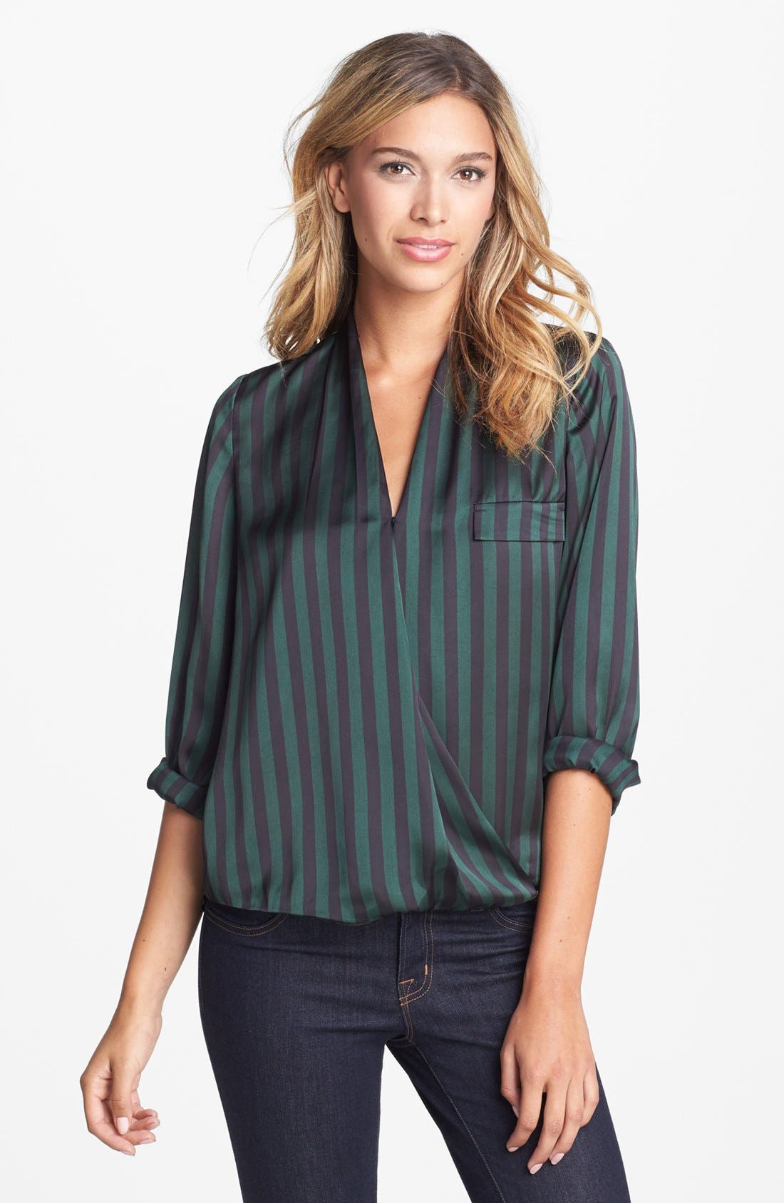 Vince Camuto Faux Wrap Stripe Blouse (Petite) | Nordstrom