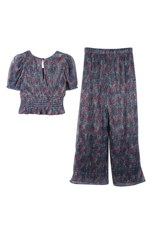 Shop Zunie Kids' Metallic Plissé Top & Pants Set In Navy Multi