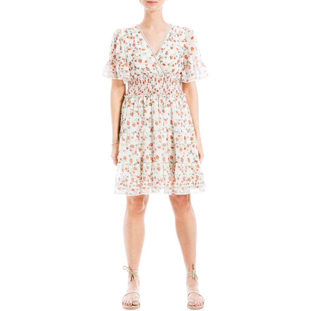 Shop Max Studio Georgette Ditsy Floral Print Tiered Dress In Cream/poppy Sml Crly Clstrs