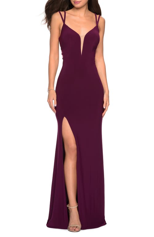 La Femme Strappy Back Jersey Column Gown Dark Berry at Nordstrom,