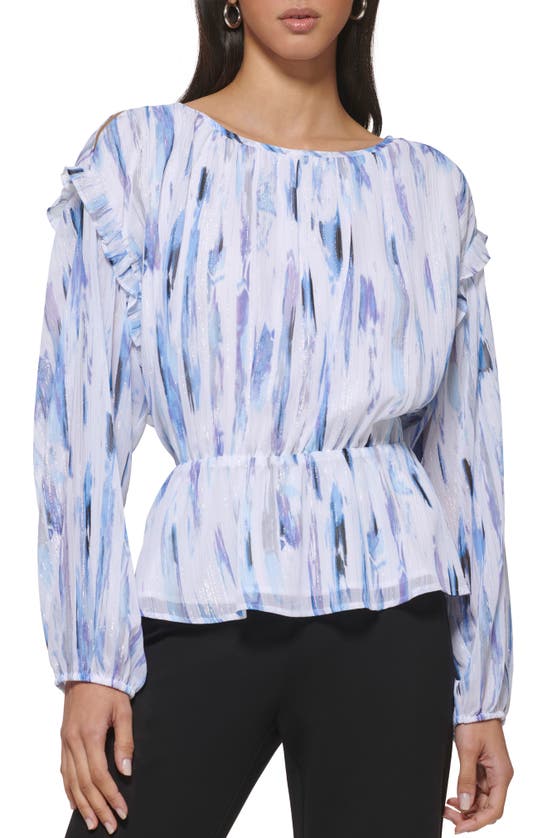 Dkny Metallic Abstract Print Cold Shoulder Peplum Top In White