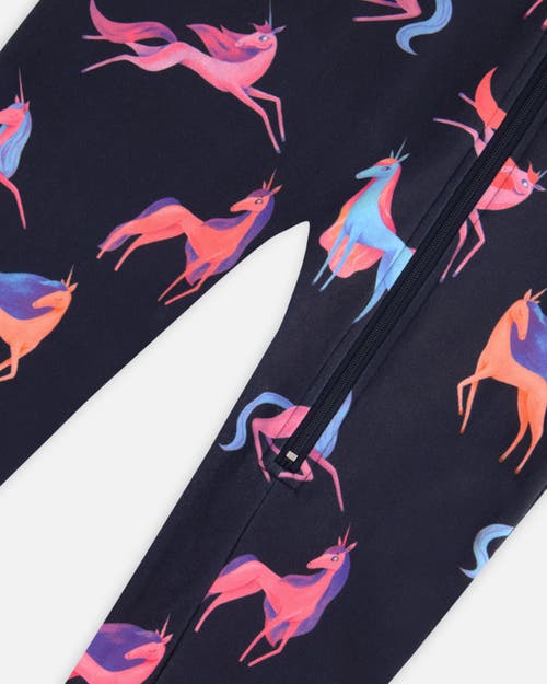 Deux Par Deux Baby Girl's One Piece Thermal Underwear Navy Printed Unicorn In Printed Unicorns
