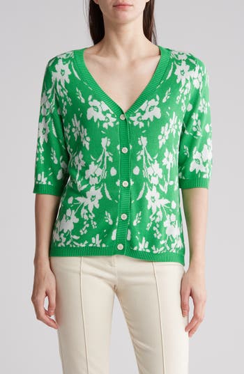 Gemma + Jane Floral Jacquard Elbow Sleeve Cardigan In Kelly Green/white