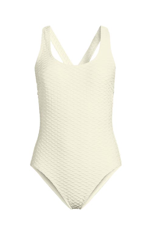 Shop Lands' End Chlorine Resistant Scoop Neck X-back High Leg Soft Cup Tugless Sporty One Piece Swimsuit In Egret White