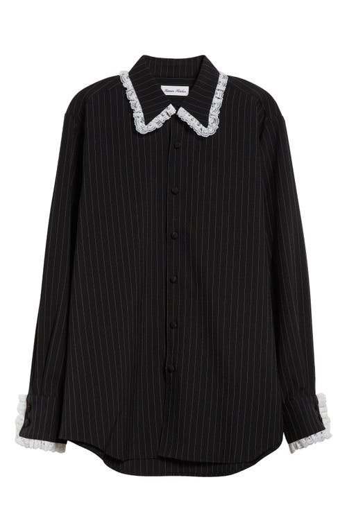 Shop Tanner Fletcher Gender Inclusive Pippa Pinstripe Lace Trim Wool Blend Button-up Shirt In Black Pinstripe