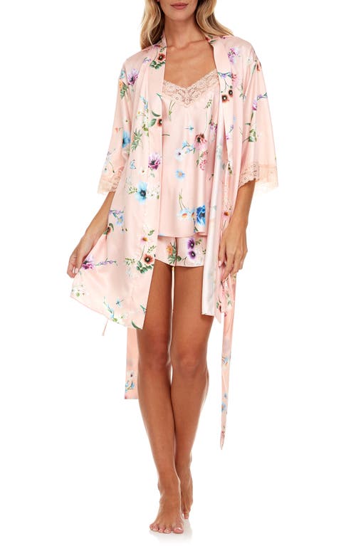 Sabrina Floral Print Satin Short Pajamas & Robe Set in Peach